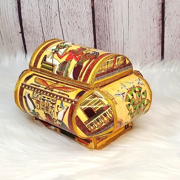 Vintage 90s Egyptian Pharaoh Cleopatra Hieroglyphics Paper Material Trinket Box - Picture 14 of 17